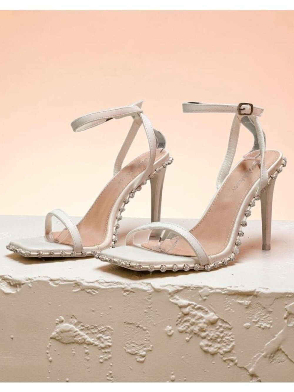 Rhinestone Embellished White High Heel Sandals With Ankle Strap & Square Toe Des